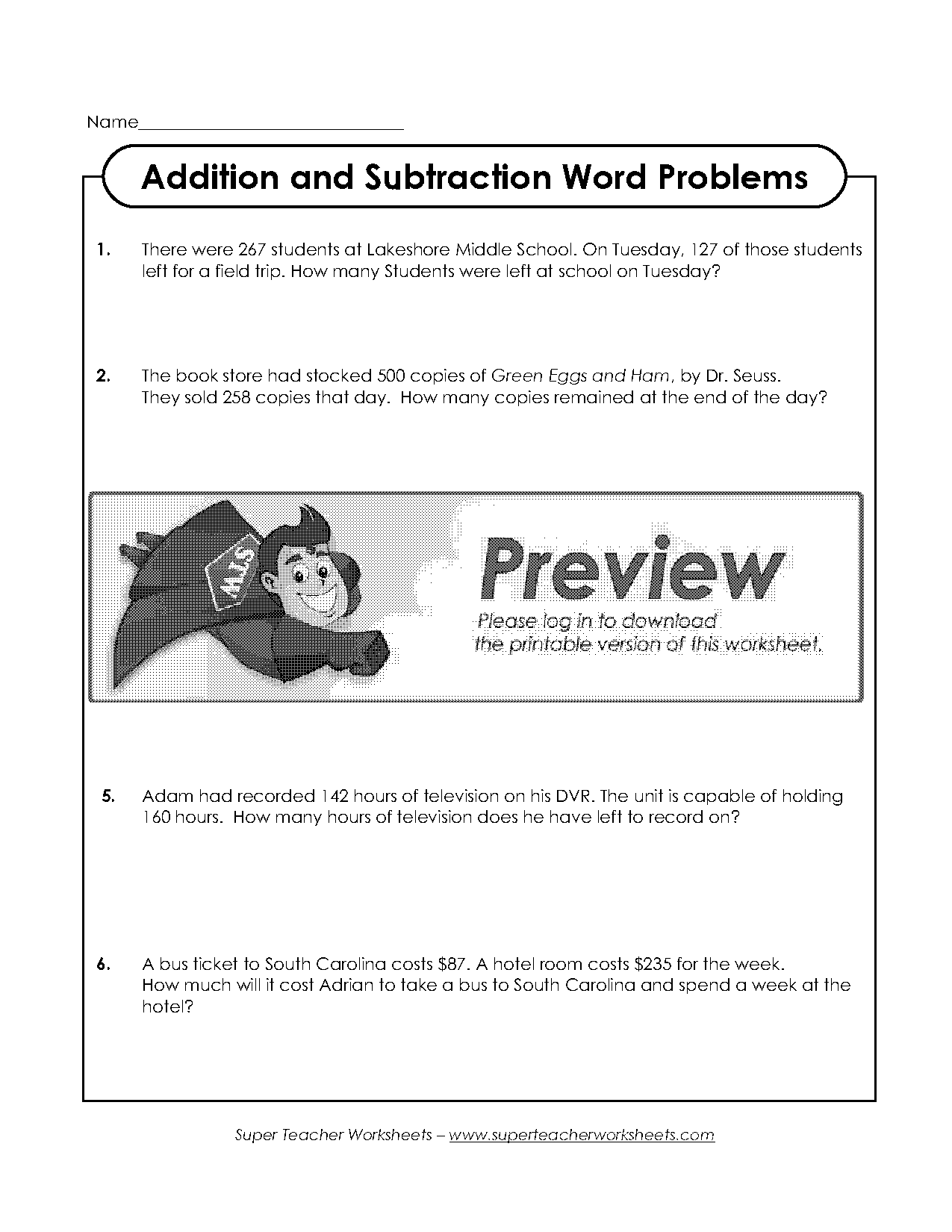 subtraction words problems worksheets