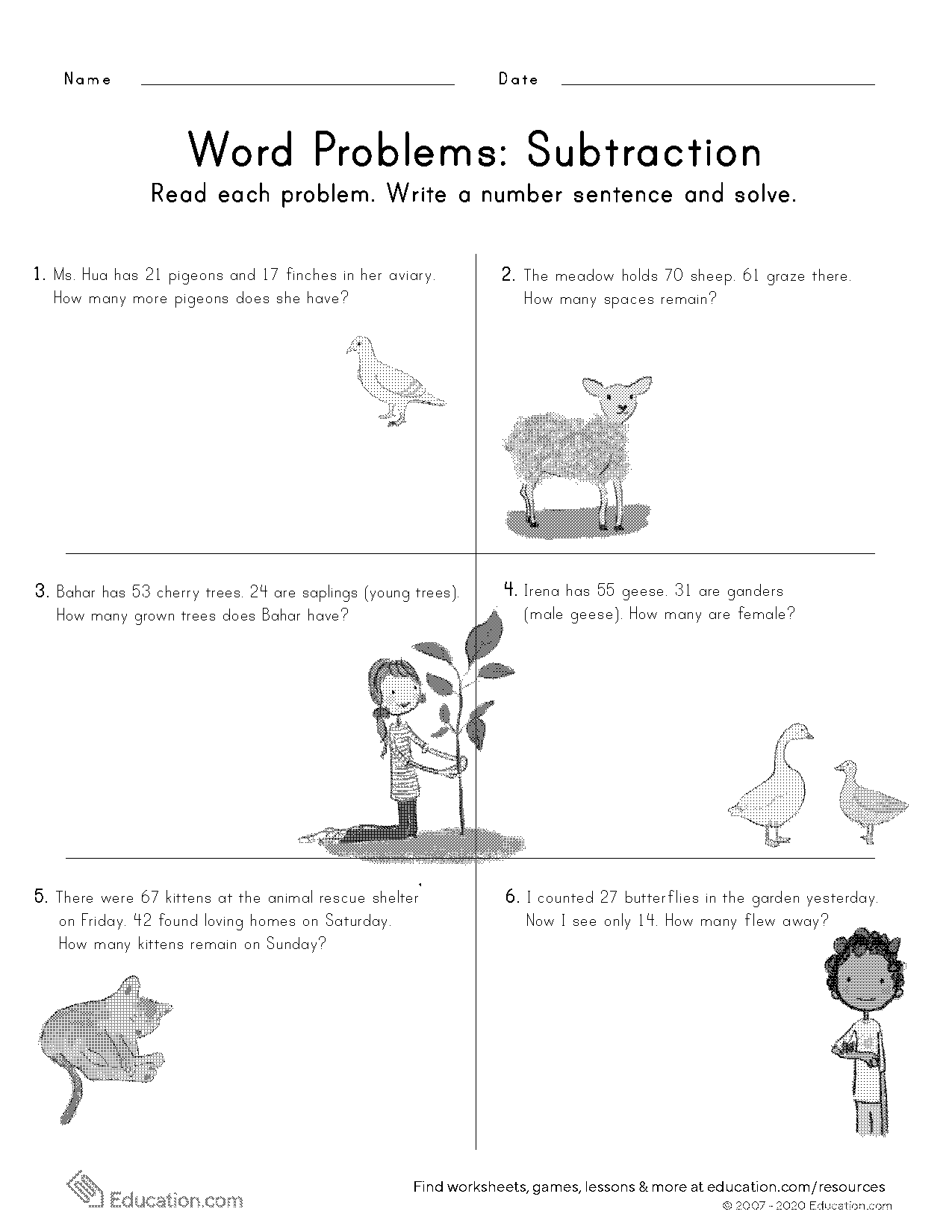 subtraction words problems worksheets